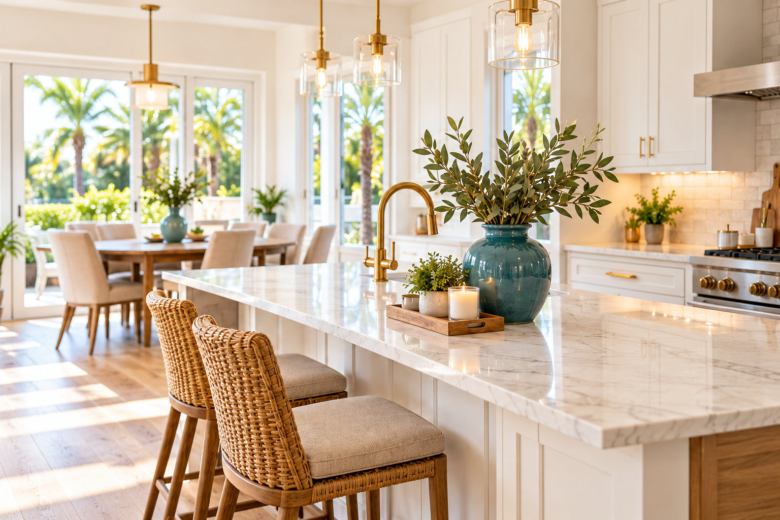 Illustrative sunlit kitchen with white stone, warm oak, a teal vase and brass accents